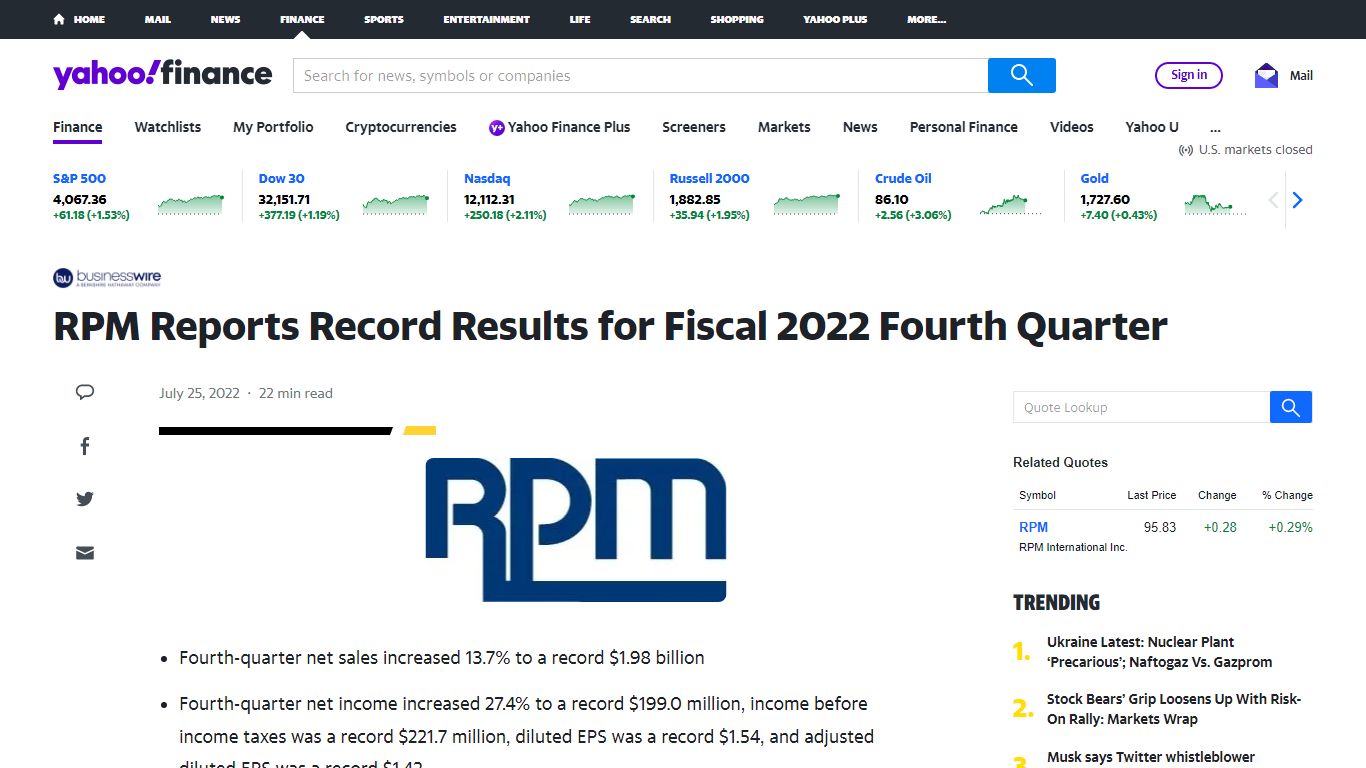 RPM Reports Record Results for Fiscal 2022 Fourth Quarter - Yahoo!