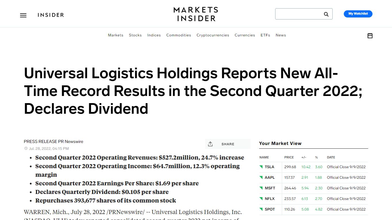 Universal Logistics Holdings Reports New All-Time Record Results in the ...